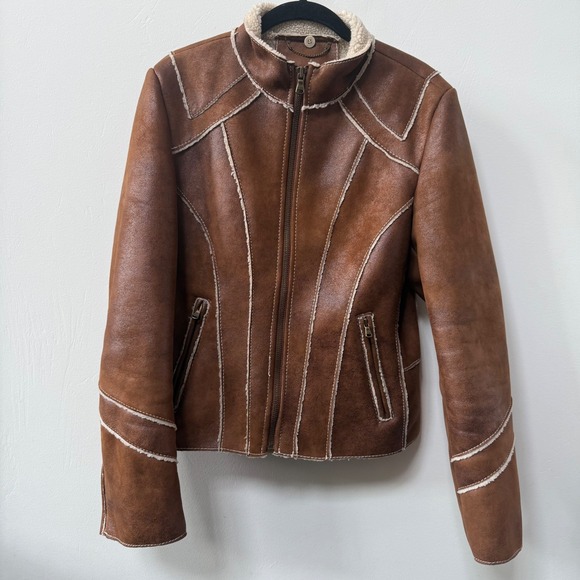 Vintage Y2K Guess Womens Aviator Jacket Brown Faux Shearling Moto Coat Size M - Picture 1 of 14